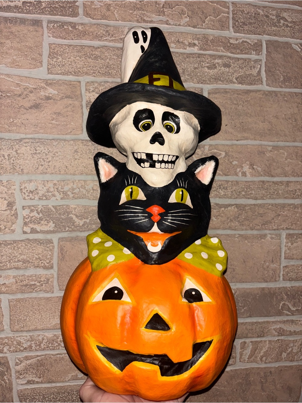 Bethany Lowe Halloween Stacked Pumpkin Cat Skull Decor - Orange, Black, White